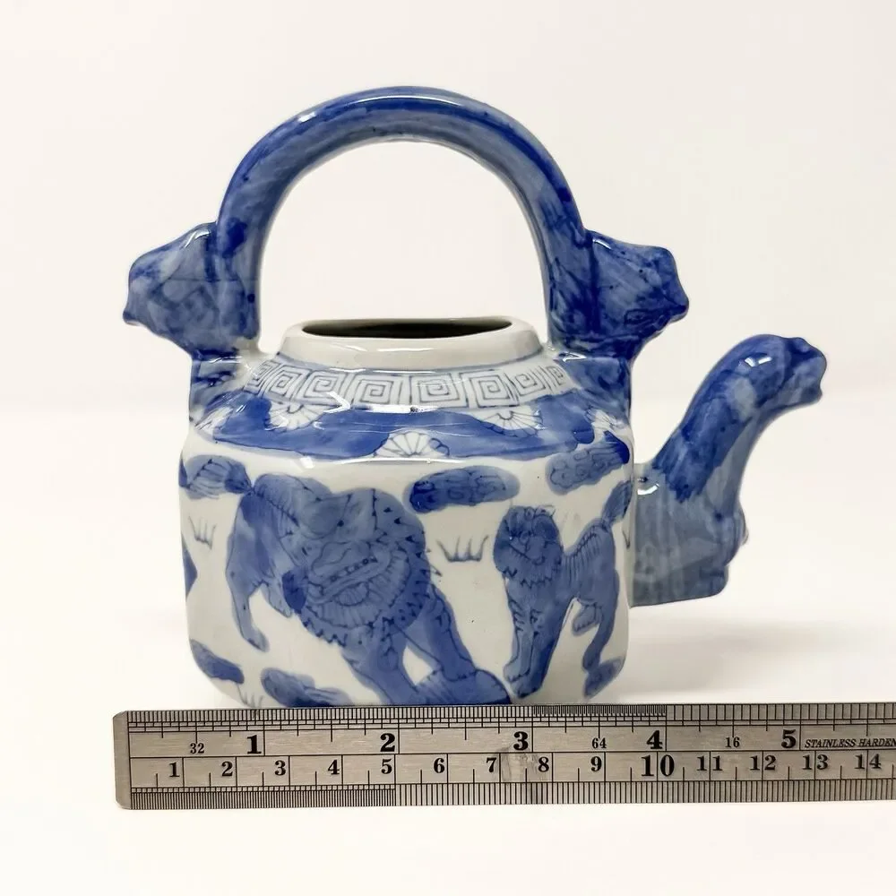 Blue White Foo Dog Porcelain Teapot Vase Chinese Guardian Lion Decor Planter